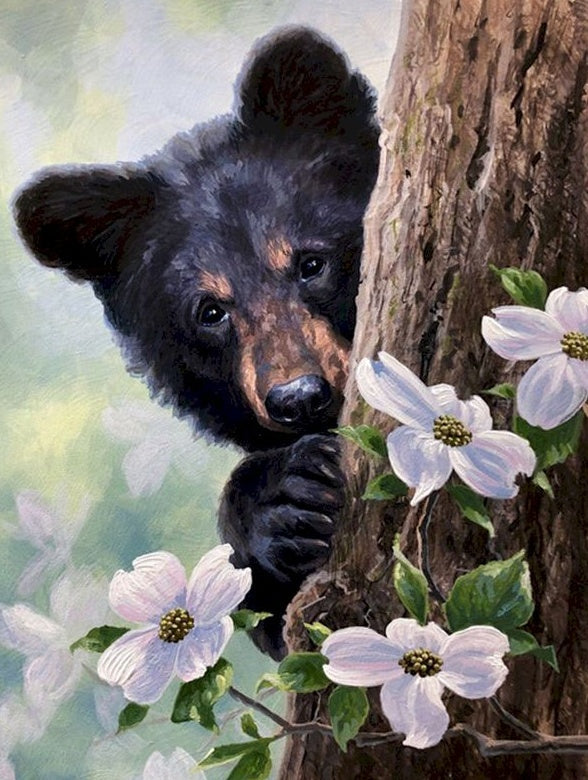 Oso Pequeño Detrás de Árbol y Flores Blancas Pintar por Números