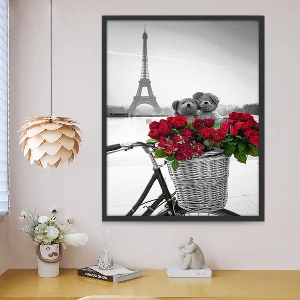 Osos de Peluche y Rosas Rojas y Bicicleta en París Pintar por Números