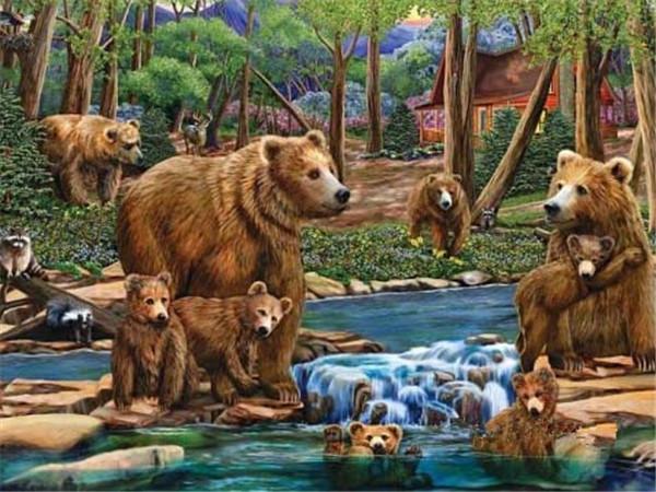 Osos Pardos en Arroyo de Bosque Pintar por Números