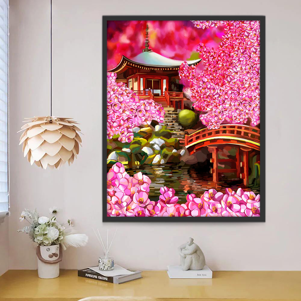 Pabellón de Estilo Chino y Puente Rojo y Flores Rosadas Pintar por Números