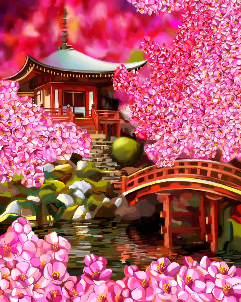 Pabellón de Estilo Chino y Puente Rojo y Flores Rosadas Pintar por Números