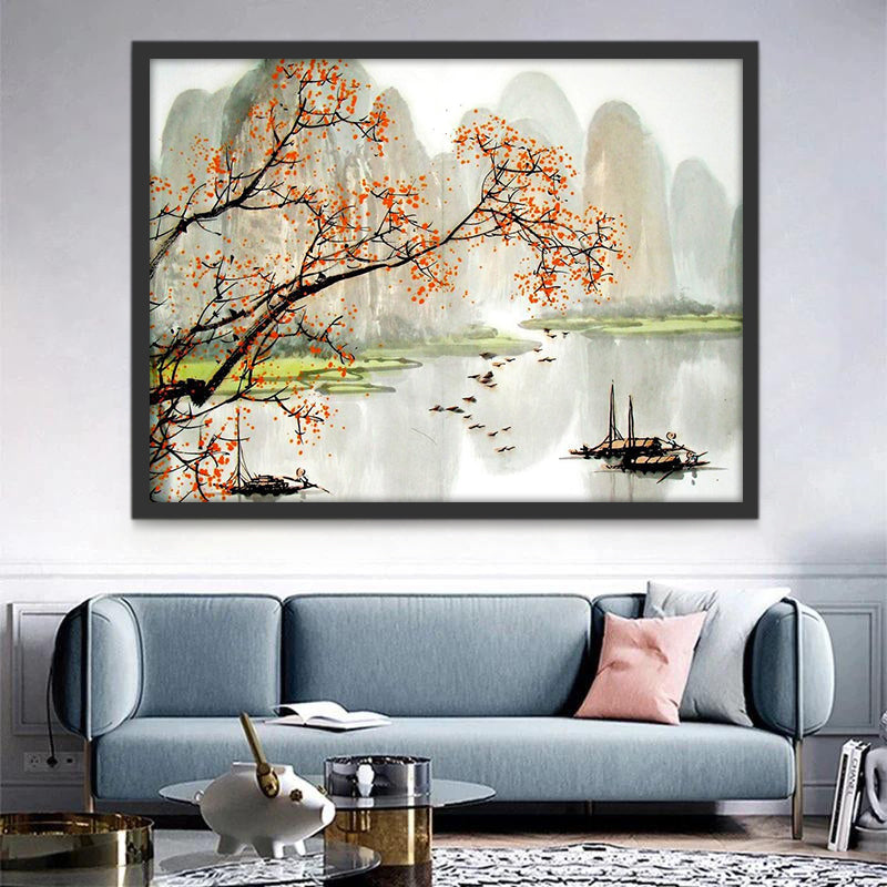 Paisaje Chino con las Montañas y el Río Pintar por Números