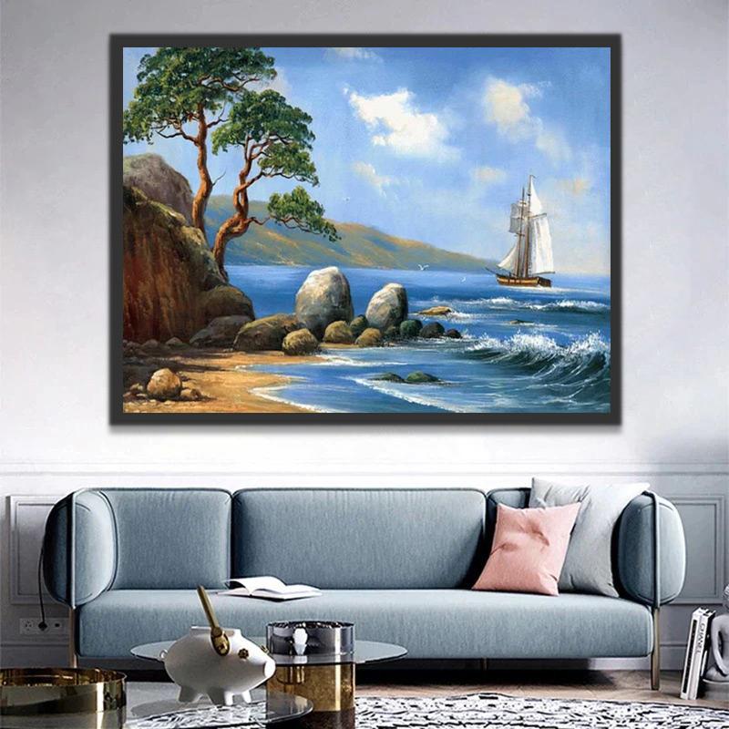 Paisaje de Barco Navegando en el Mar Pintar por Números