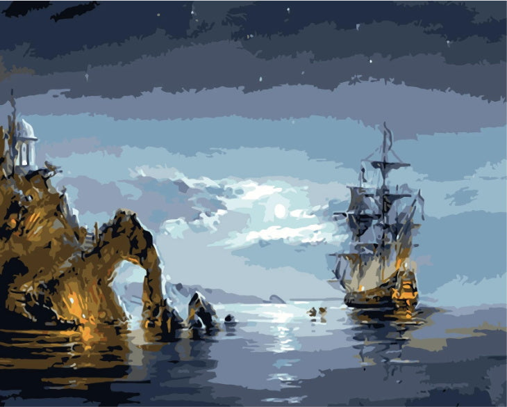 Paisaje de Barco y Faro en la Noche Pintar por Números