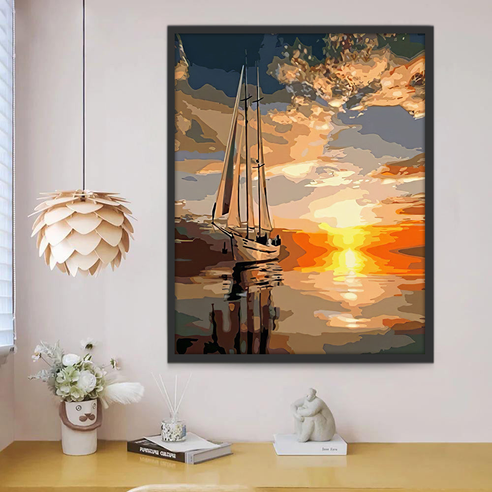 Paisaje de Barco y Puesta del Sol Pintar por Números