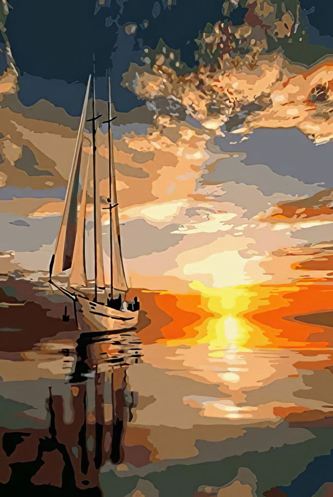 Paisaje de Barco y Puesta del Sol Pintar por Números