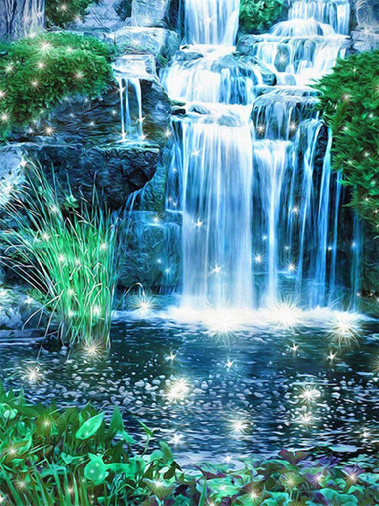 Paisaje de Cascada y Plantas Verdes Pintar por Números