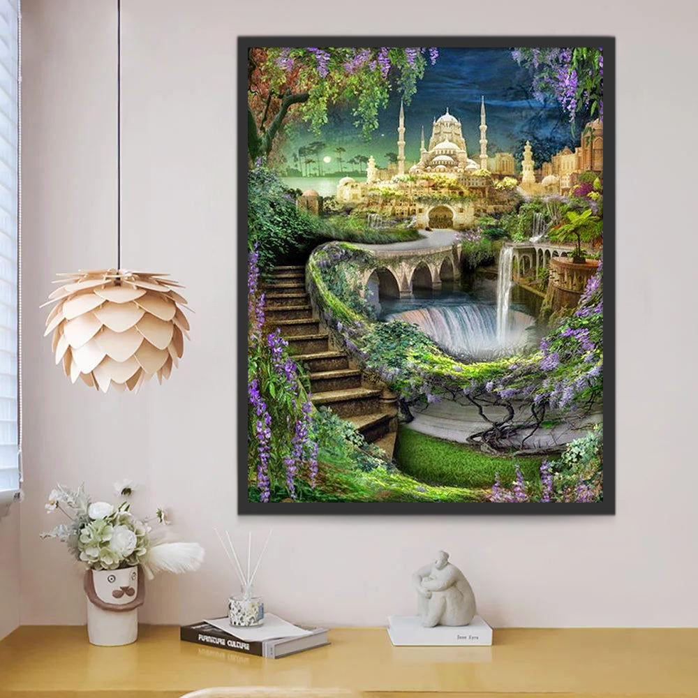 Paisaje de Castillo y Cascada Pintar por Números