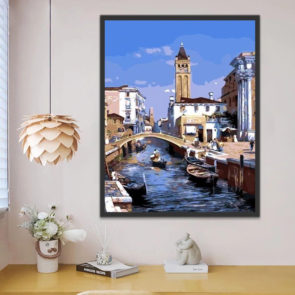 Paisaje de Ciudad con Río y Puente Pintar por Números