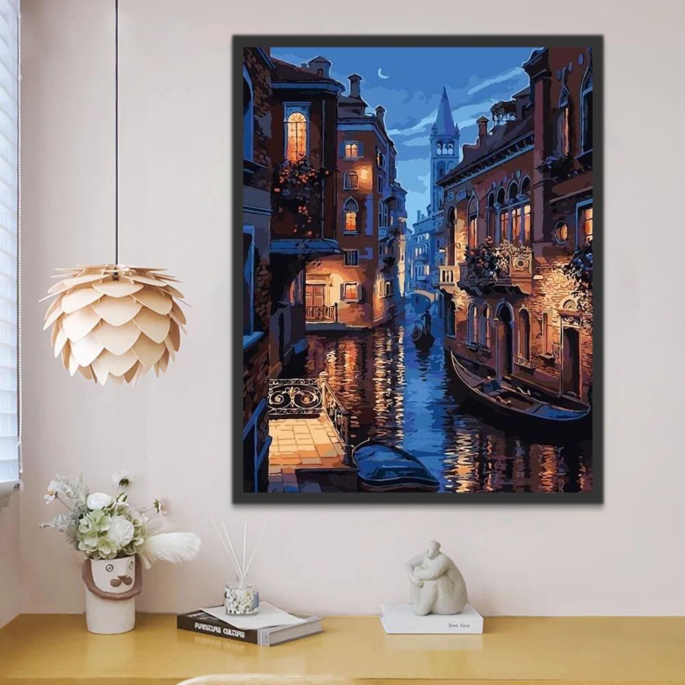 Paisaje de Ciudad Nocturna con Canal Pintar por Números