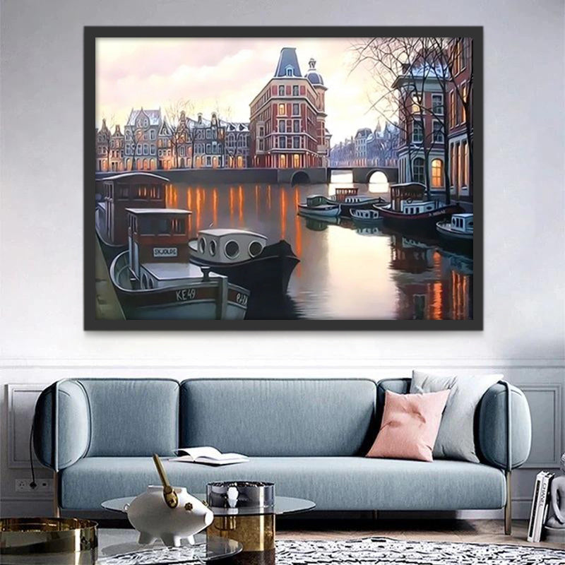 Paisaje de Ciudad y Barcos en el Río Pintar por Números