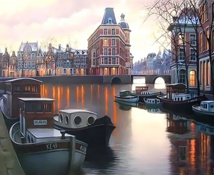 Paisaje de Ciudad y Barcos en el Río Pintar por Números
