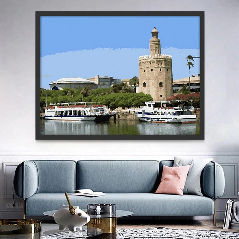 Paisaje de Ciudad y Barcos y Cielo Azul Pintar por Números