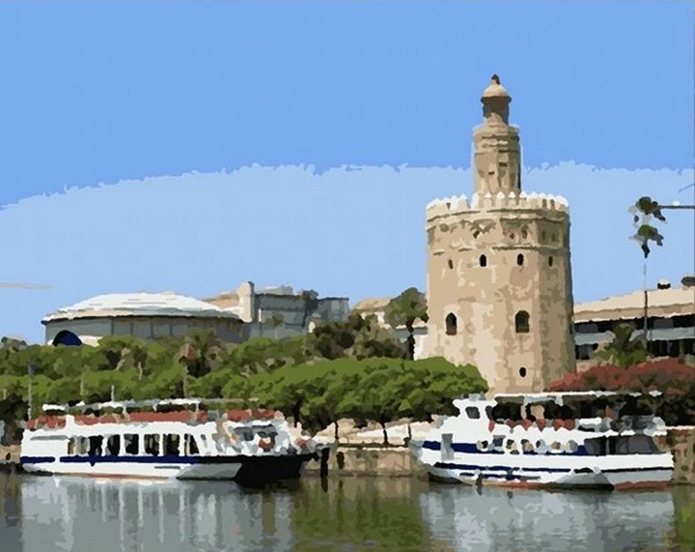 Paisaje de Ciudad y Barcos y Cielo Azul Pintar por Números