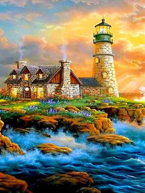 Paisaje de Costa con Casa y Faro Pintar por Números