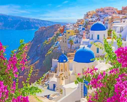 Paisaje de Isla Santorini y Flores Rosadas Pintar por Números