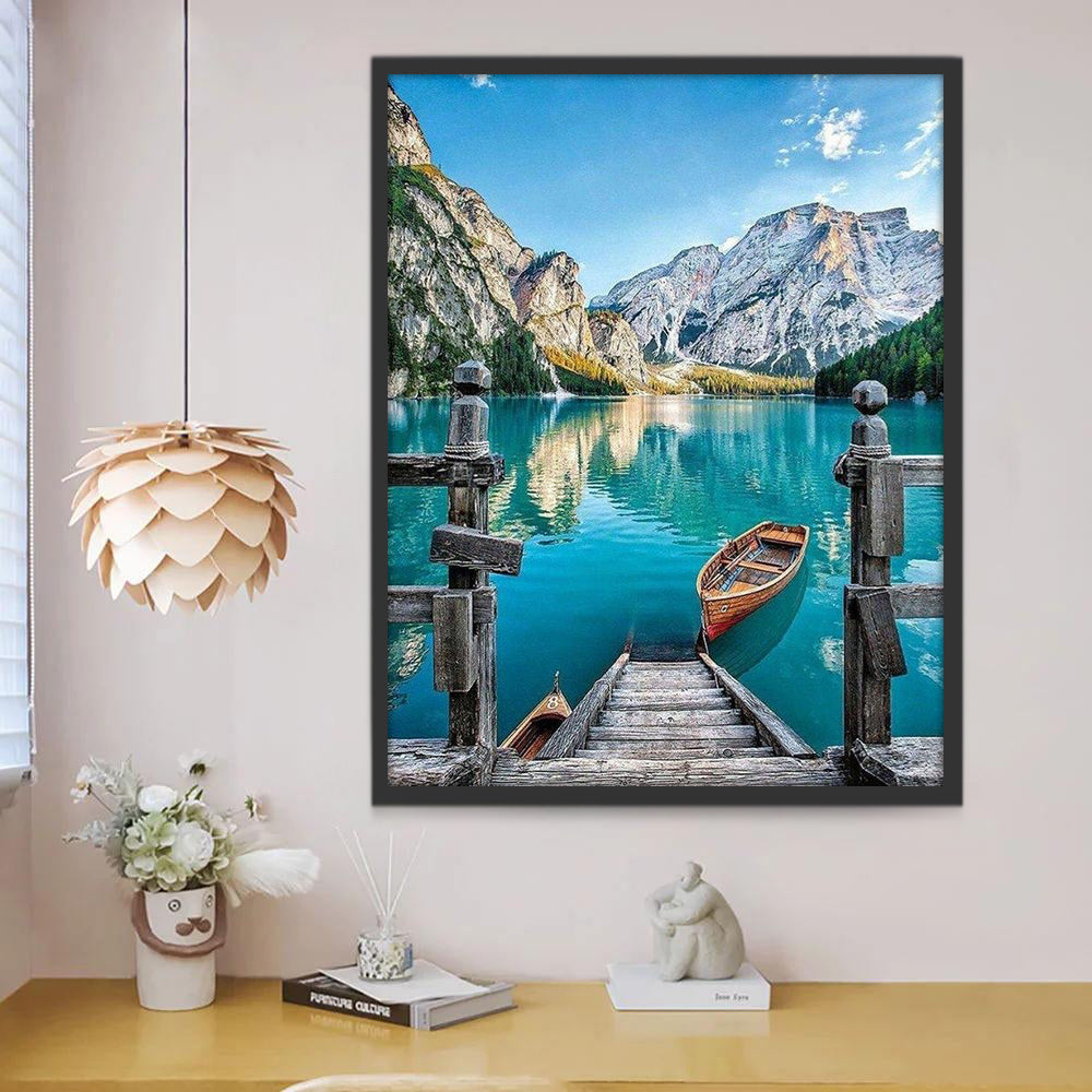 Paisaje de Lago con Barco y Montañas Pintar por Números