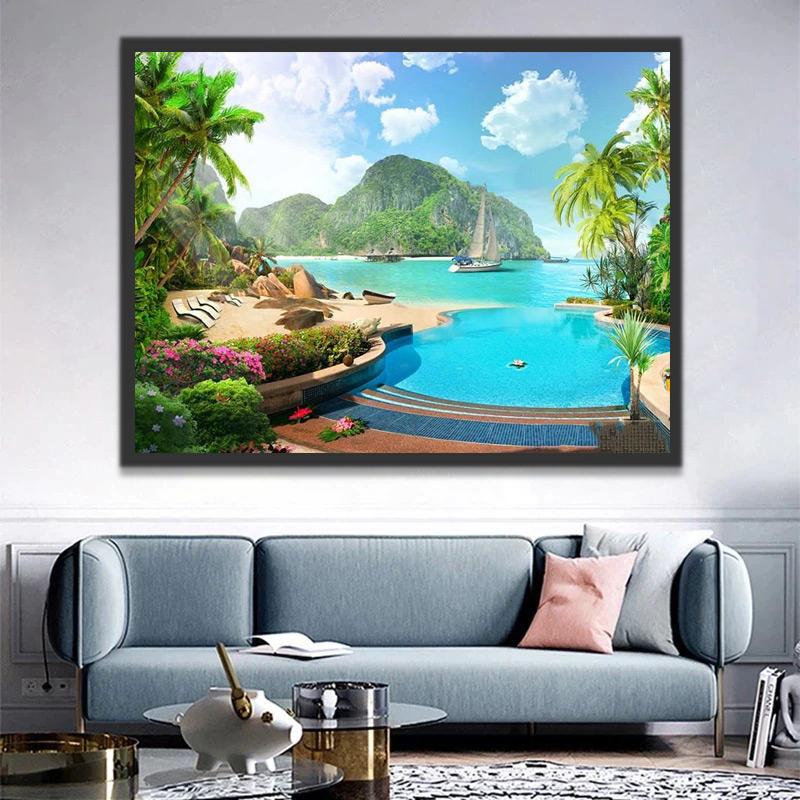 Paisaje de Mar Azul y Montañas Verdes Pintar por Números