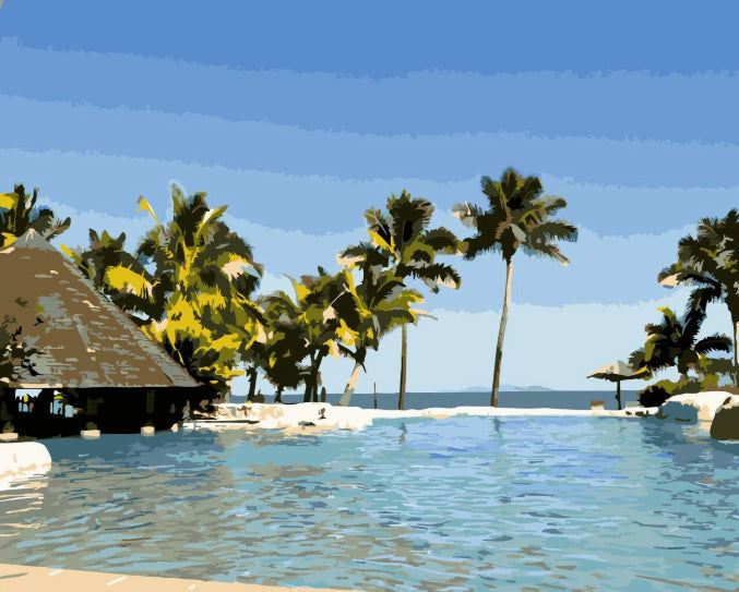 Paisaje de Mar Azul y Palmeras Pintar por Números