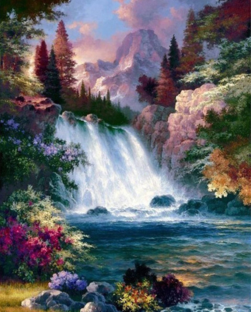 Paisaje de Montaña con Bosque y Cascada Pintar por Números