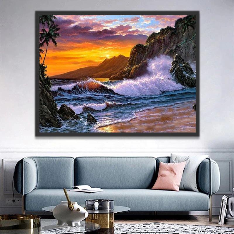 Paisaje de Olas y Puesta del Sol Pintar por Números