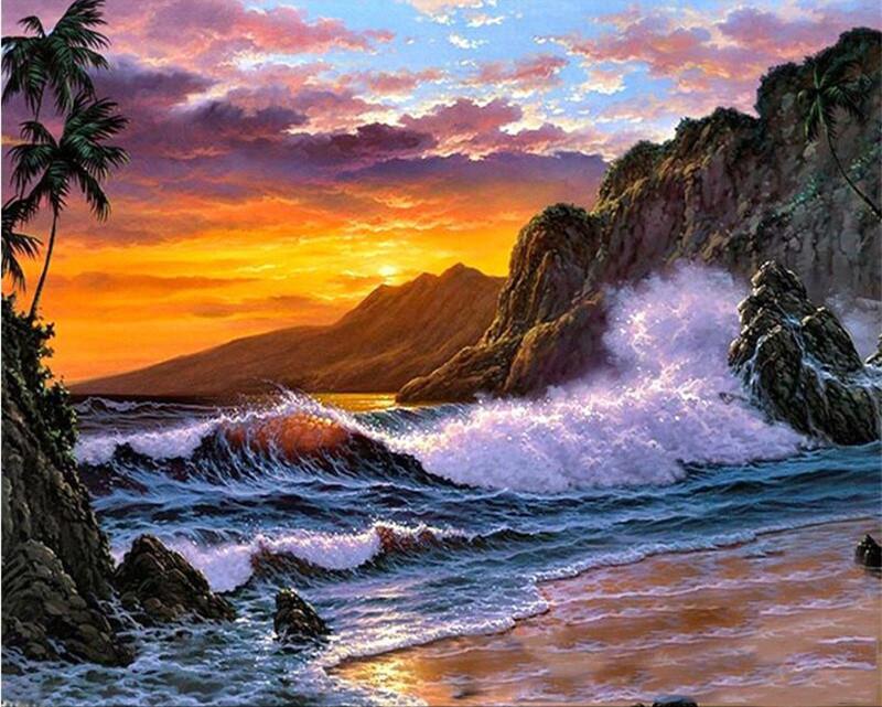 Paisaje de Olas y Puesta del Sol Pintar por Números