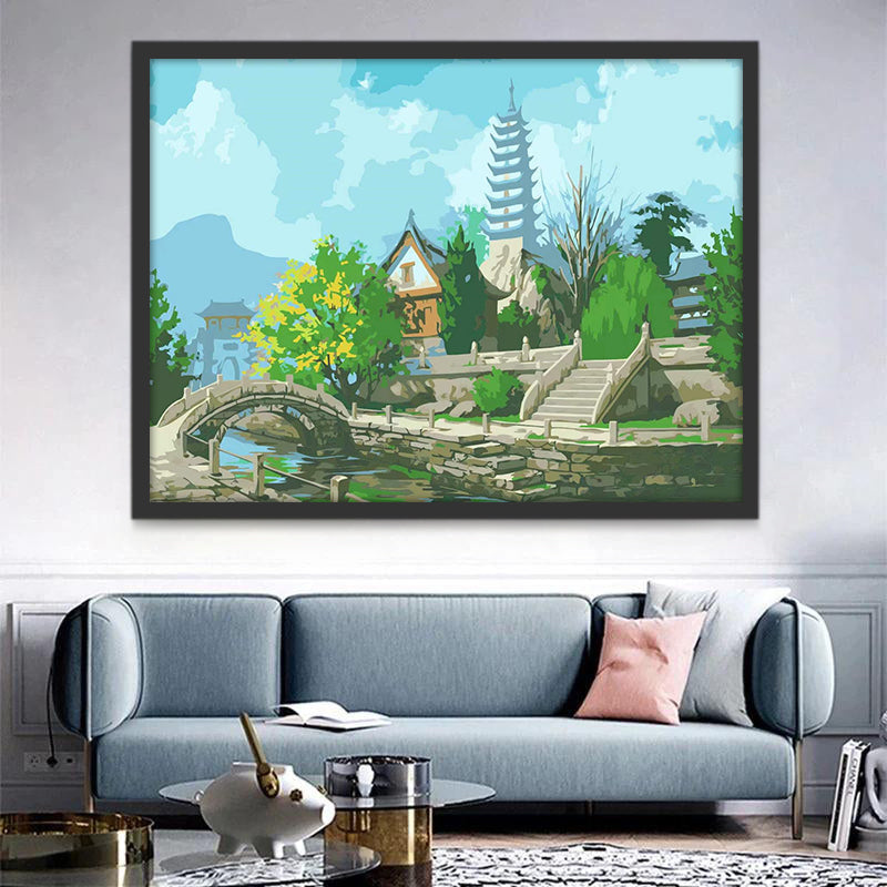 Paisaje de Pueblo Chino con un Río Pintar por Números