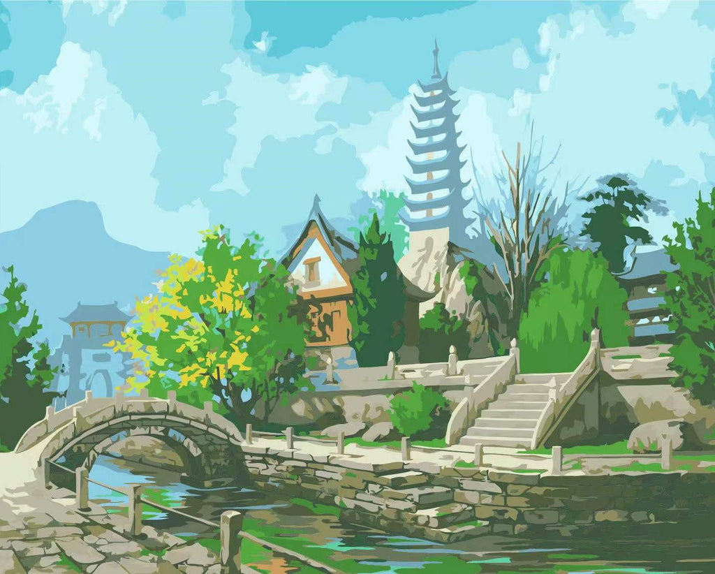 Paisaje de Pueblo Chino con un Río Pintar por Números