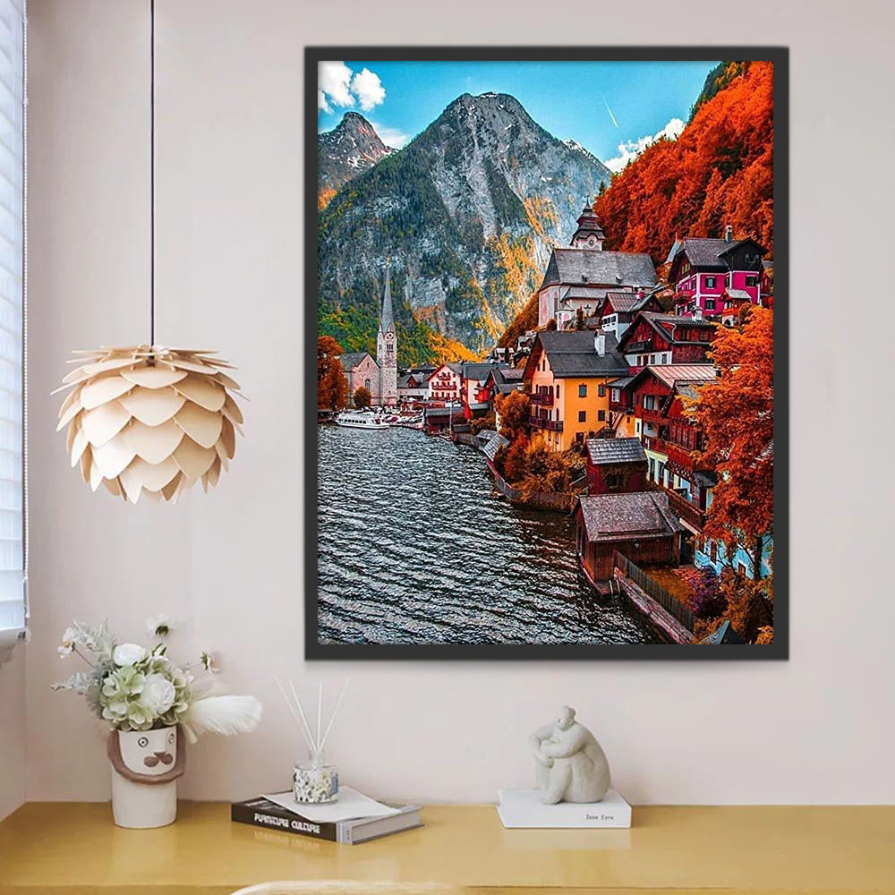 Paisaje de Pueblo Costero y Montañas Pintar por Números