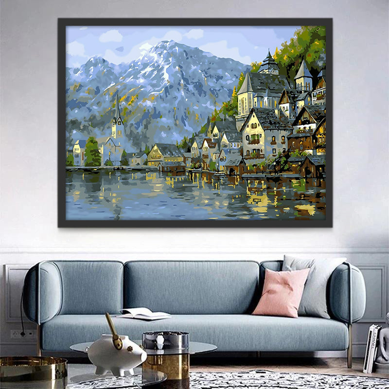 Paisaje de Pueblo y Montañas Nevadas Pintar por Números
