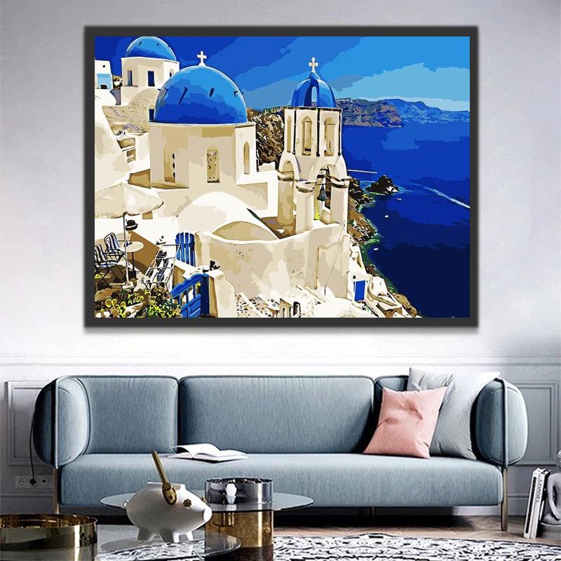 Paisaje Hermoso de Santorini y Mar Azul Pintar por Números