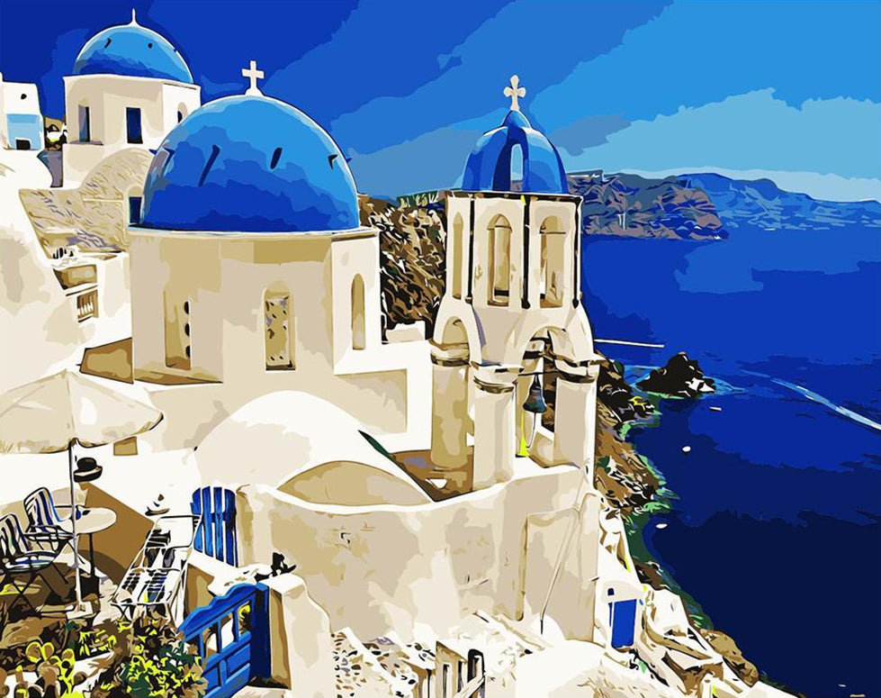 Paisaje Hermoso de Santorini y Mar Azul Pintar por Números