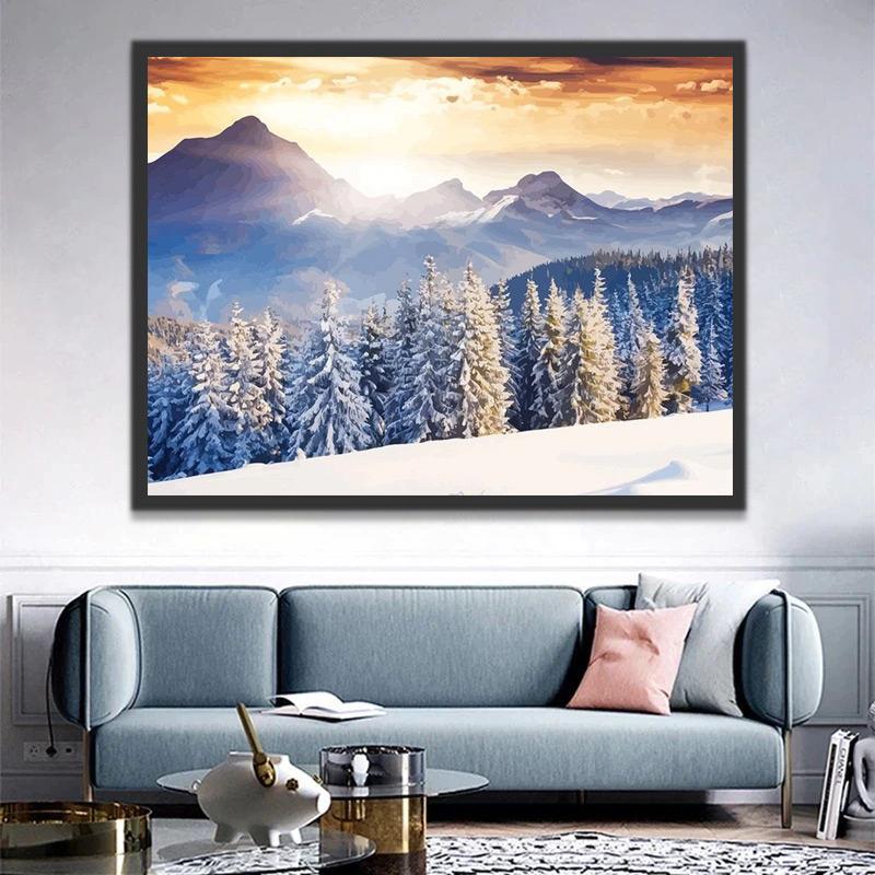Paisaje Invernal con Montañas y Pinos Pintar por Números