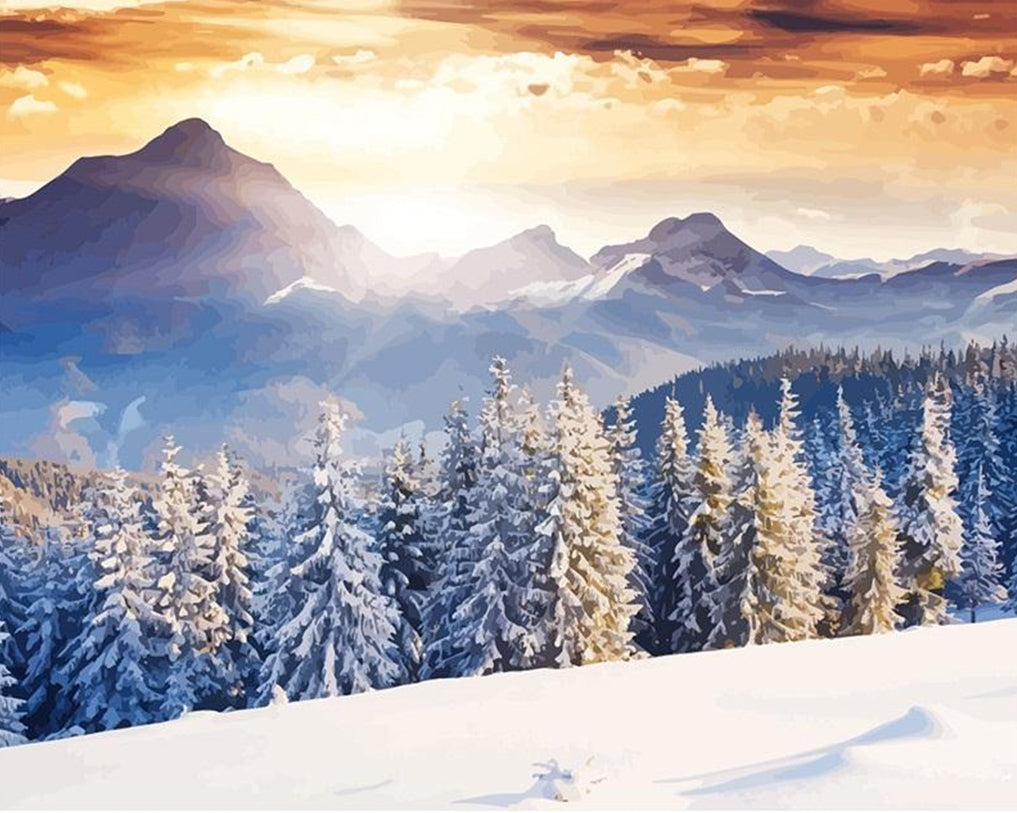 Paisaje Invernal con Montañas y Pinos Pintar por Números