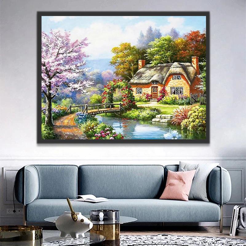 Paisaje Natural con Casa y Arroyo Pintar por Números