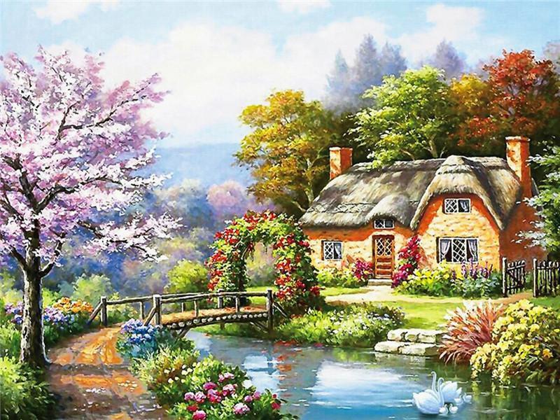 Paisaje Natural con Casa y Arroyo Pintar por Números