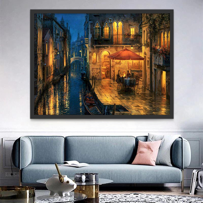 Paisaje Nocturno de Ciudad con Canal Pintar por Números