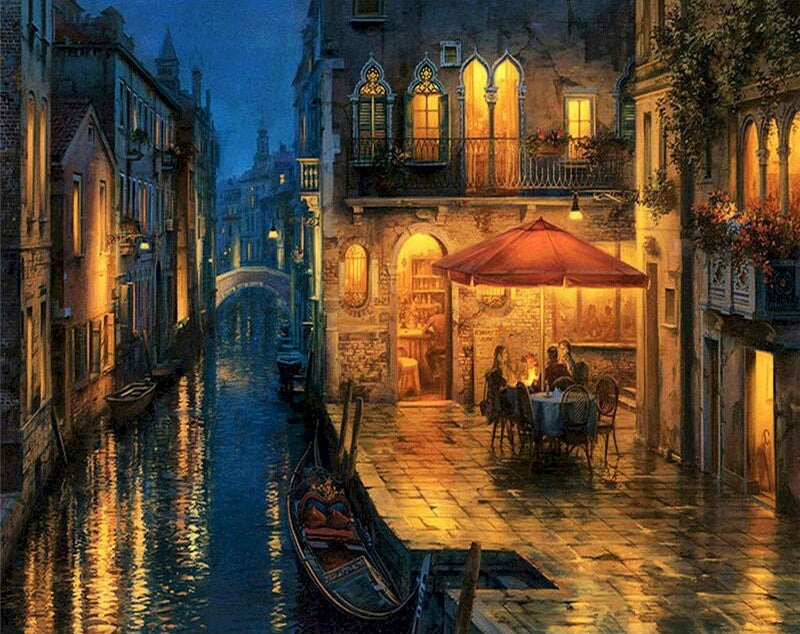 Paisaje Nocturno de Ciudad con Canal Pintar por Números