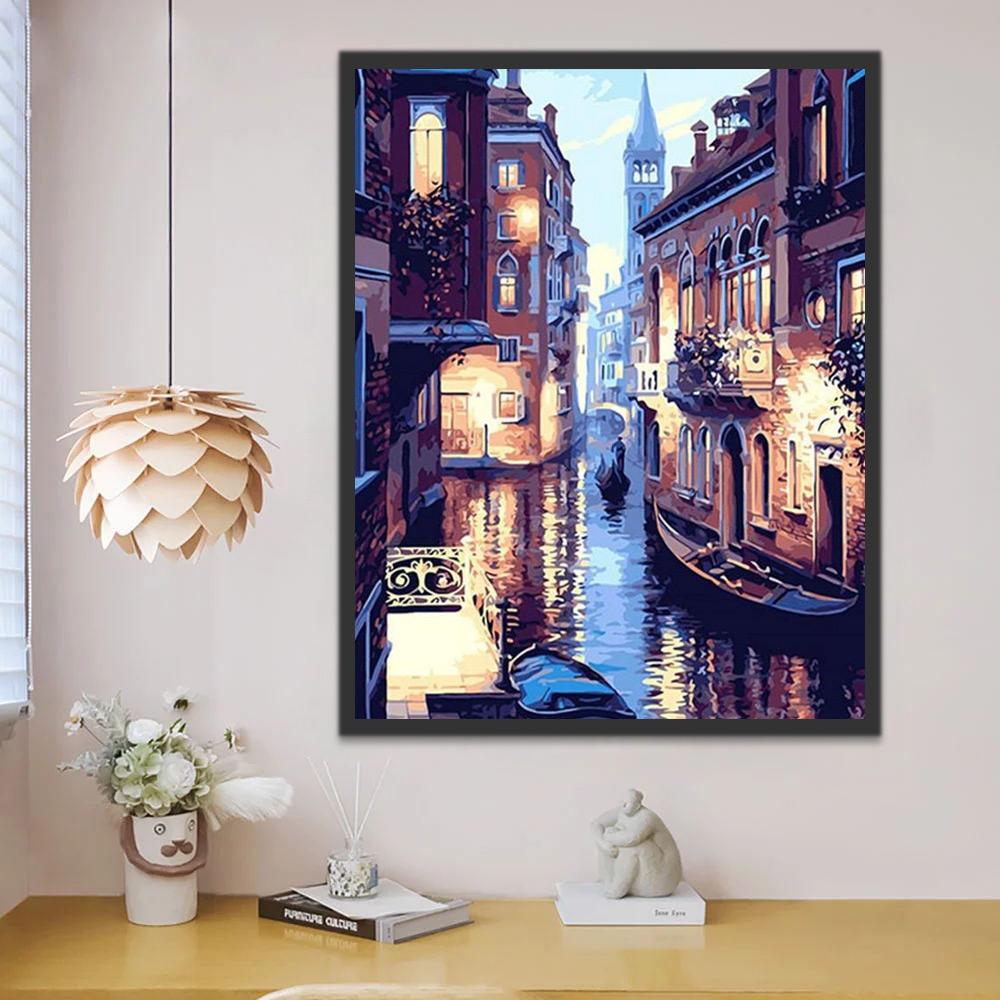 Paisaje Nocturno de Ciudad entre Canales Pintar por Números