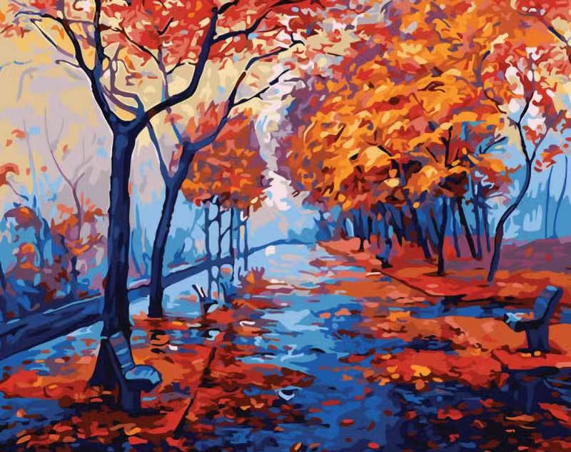 Paisaje Otoñal con Hojas Caídas Pintar por Números