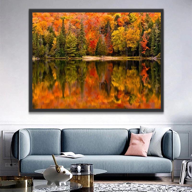 Paisaje Otoñal de Bosque al Lado de Agua Pintar por Números