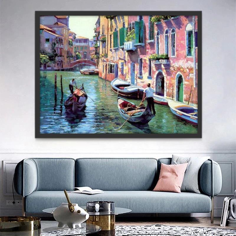 Paisaje Urbano con Canal y Barcos Pintar por Números
