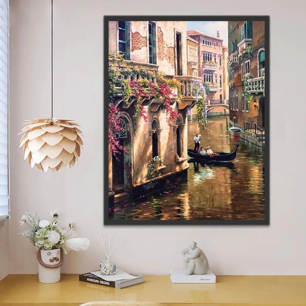 Paisaje Urbano con Canal y Casas Antiguas Pintar por Números