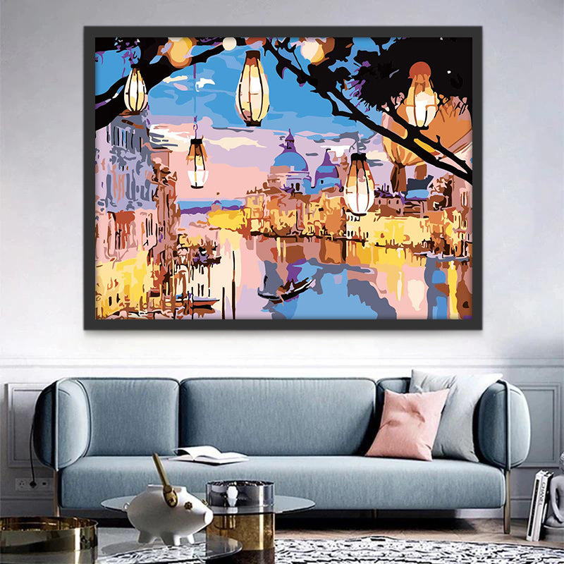 Paisaje Veneciano y Lámparas sobre Árbol Pintar por Números