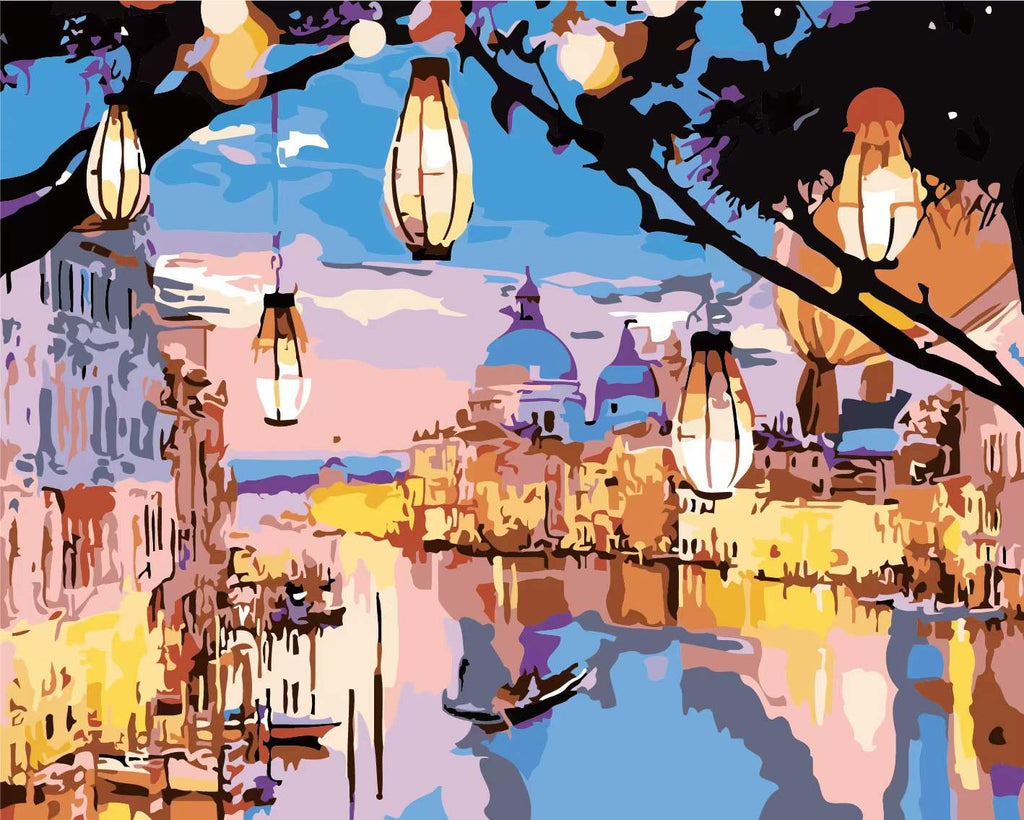 Paisaje Veneciano y Lámparas sobre Árbol Pintar por Números