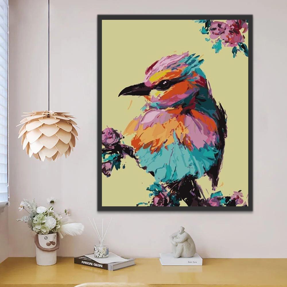 Pajarito Colorido sobre Rama Floral Pintar por Números