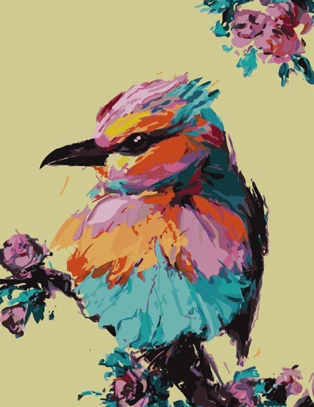 Pajarito Colorido sobre Rama Floral Pintar por Números