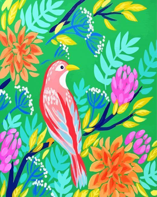 Pajarito Rojo con Plantas y Fondo Verde Pintar por Números Niños