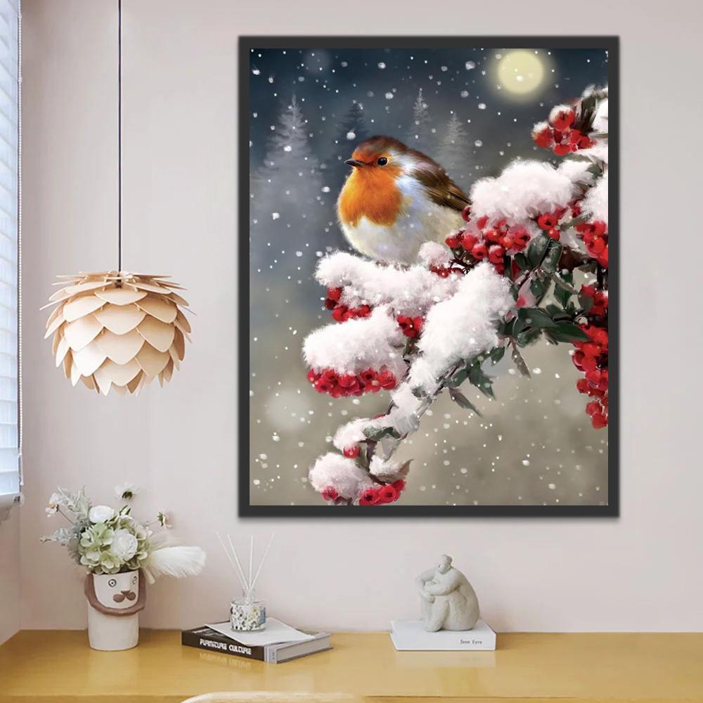 Pajarito sobre Árbol con Bayas Rojas Pintar por Números