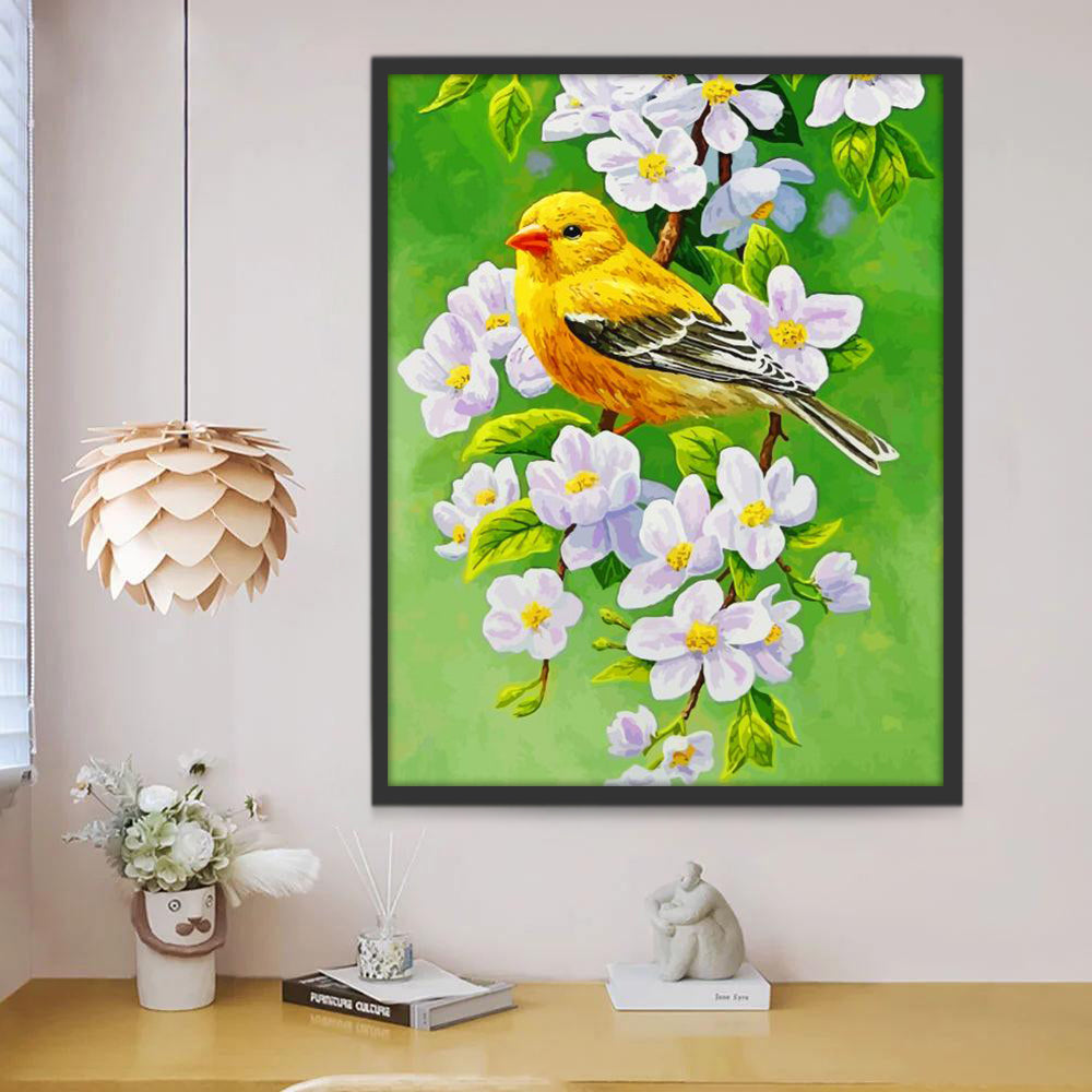 Pajarito sobre Rama Floral y Fondo Verde Pintar por Números